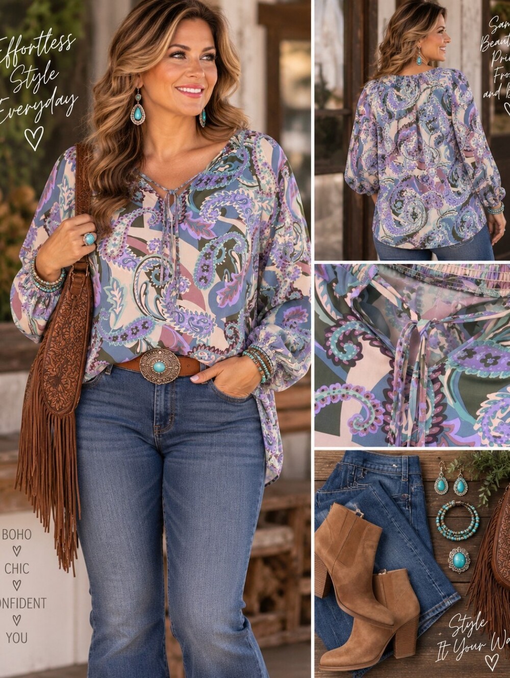 Sunny Leigh Plus Size Paisley Peasant Blouse Boho Tie Neck Long Sleeve, Sz 2X